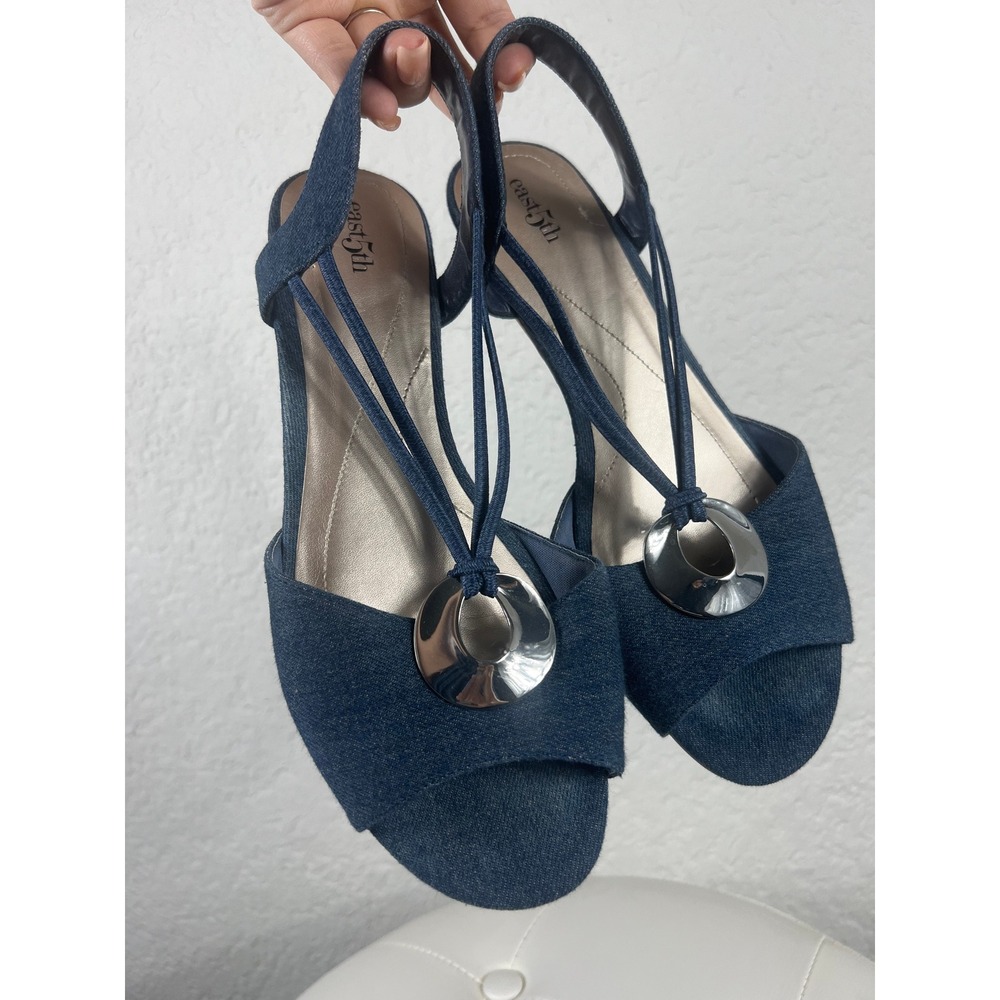 East 5th Womens Blue Denim Cork Wedge Sandals Silver Ring Detail Slingback Shoes